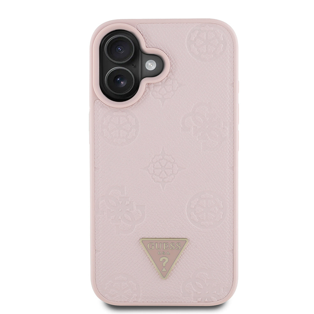 Guess iPhone 16 Orjinal Lisanslı M-safe Şarj Özellikli Sıcak Baskılı Üçgen Logolu PU Deri Peony Kılıf