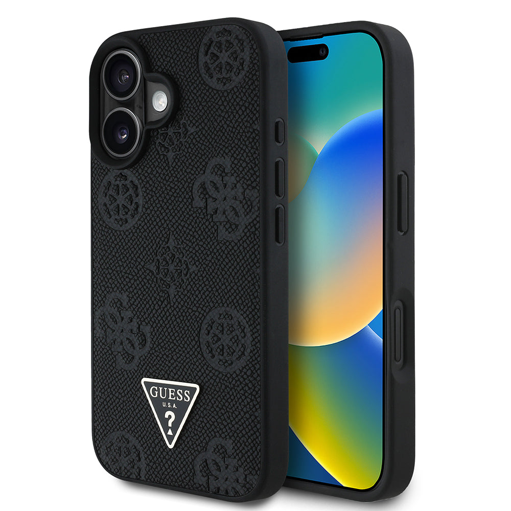 Guess iPhone 16 Orjinal Lisanslı M-safe Şarj Özellikli Sıcak Baskılı Üçgen Logolu PU Deri Peony Kılıf