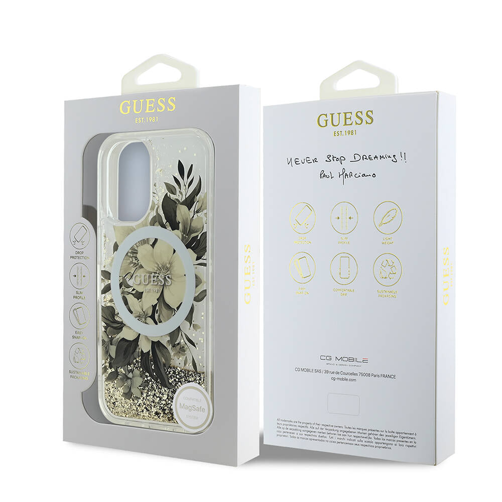 Guess iPhone 16 Orjinal Lisanslı Magsafe Şarj Özellikli Sıvılı Simli Çiçek Desenli Telefon Kılıfı