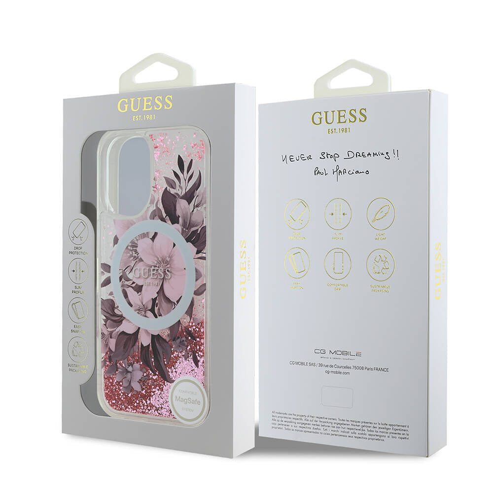 Guess iPhone 16 Orjinal Lisanslı Magsafe Şarj Özellikli Sıvılı Simli Çiçek Desenli Telefon Kılıfı