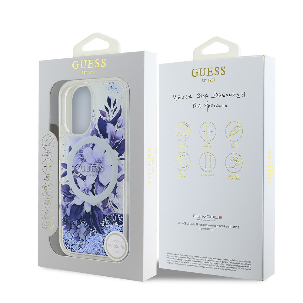 Guess iPhone 16 Orjinal Lisanslı Magsafe Şarj Özellikli Sıvılı Simli Çiçek Desenli Telefon Kılıfı