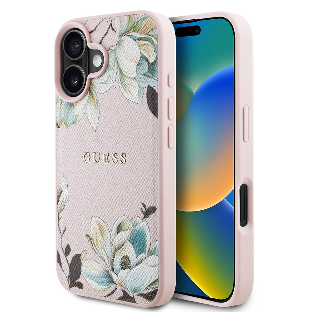 Guess iPhone 16 Orjinal Lisanslı Taneli Çiçek Tasarımlı Metal Yazı Logolu M-safe Kılıf