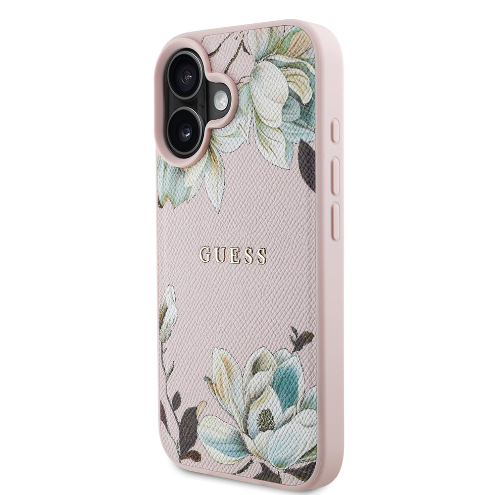 Guess iPhone 16 Orjinal Lisanslı Taneli Çiçek Tasarımlı Metal Yazı Logolu M-safe Kılıf