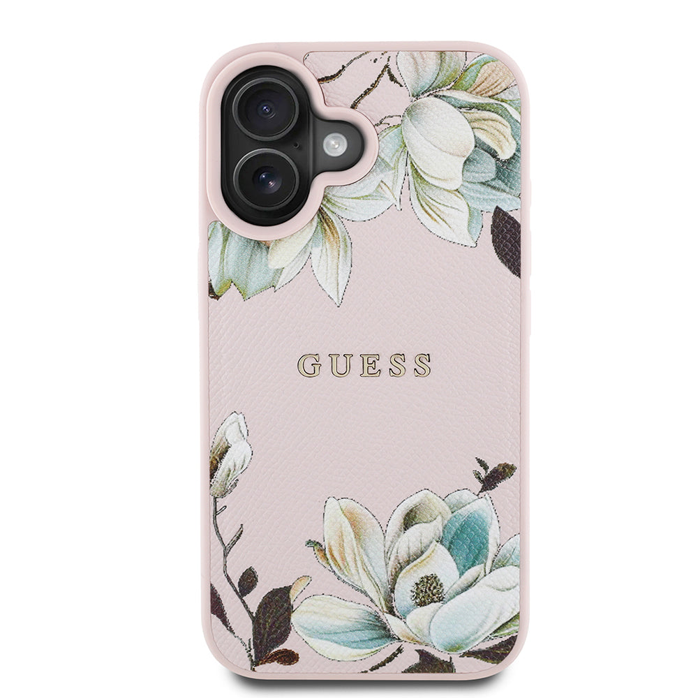 Guess iPhone 16 Orjinal Lisanslı Taneli Çiçek Tasarımlı Metal Yazı Logolu M-safe Kılıf
