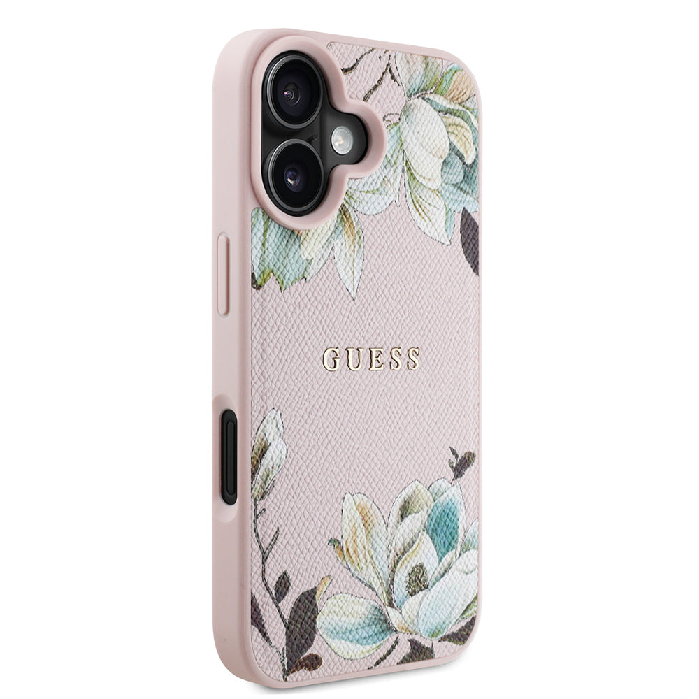 Guess iPhone 16 Orjinal Lisanslı Taneli Çiçek Tasarımlı Metal Yazı Logolu M-safe Kılıf