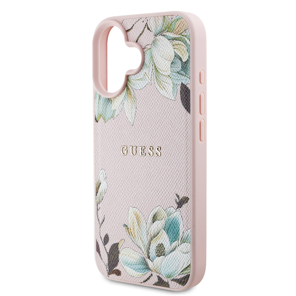 Guess iPhone 16 Orjinal Lisanslı Taneli Çiçek Tasarımlı Metal Yazı Logolu M-safe Kılıf