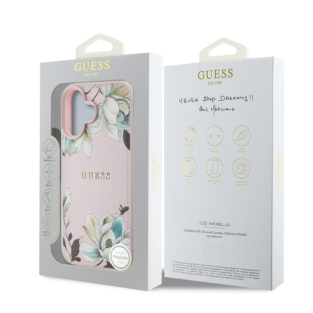 Guess iPhone 16 Orjinal Lisanslı Taneli Çiçek Tasarımlı Metal Yazı Logolu M-safe Kılıf