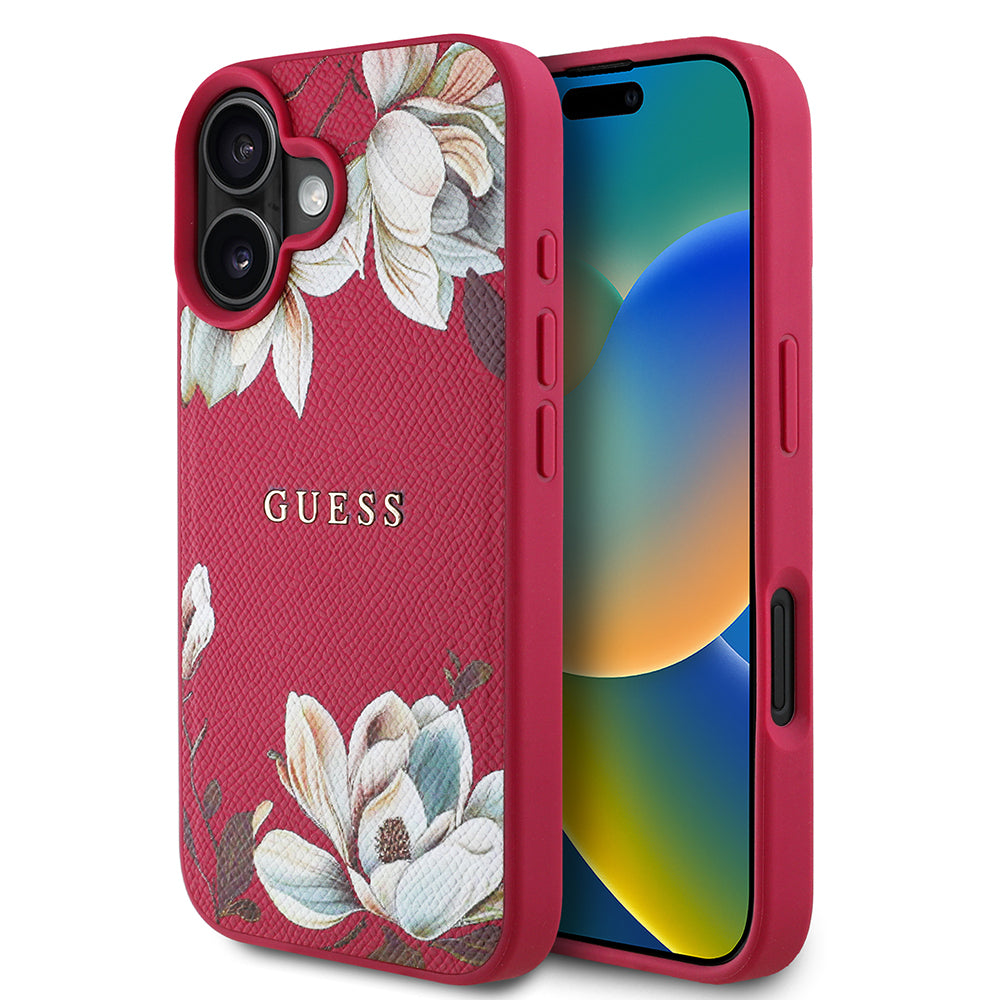 Guess iPhone 16 Orjinal Lisanslı Taneli Çiçek Tasarımlı Metal Yazı Logolu M-safe Kılıf