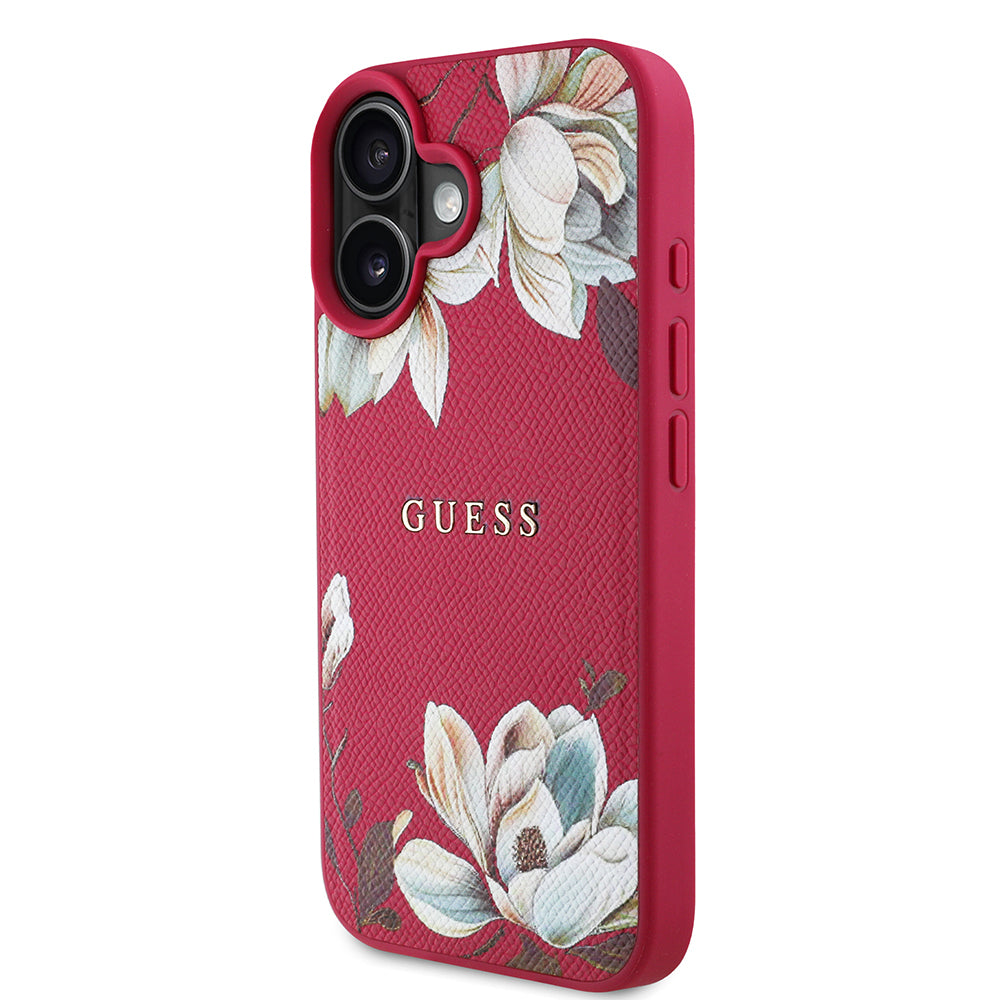 Guess iPhone 16 Orjinal Lisanslı Taneli Çiçek Tasarımlı Metal Yazı Logolu M-safe Kılıf