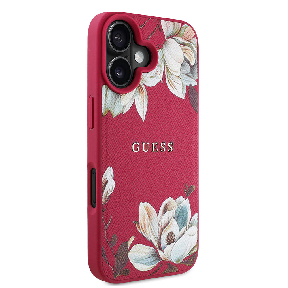 Guess iPhone 16 Orjinal Lisanslı Taneli Çiçek Tasarımlı Metal Yazı Logolu M-safe Kılıf
