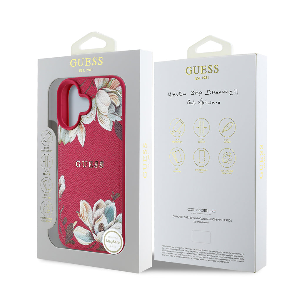 Guess iPhone 16 Orjinal Lisanslı Taneli Çiçek Tasarımlı Metal Yazı Logolu M-safe Kılıf