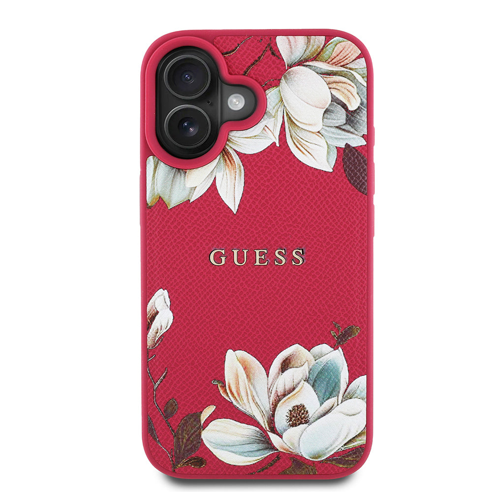 Guess iPhone 16 Orjinal Lisanslı Taneli Çiçek Tasarımlı Metal Yazı Logolu M-safe Kılıf