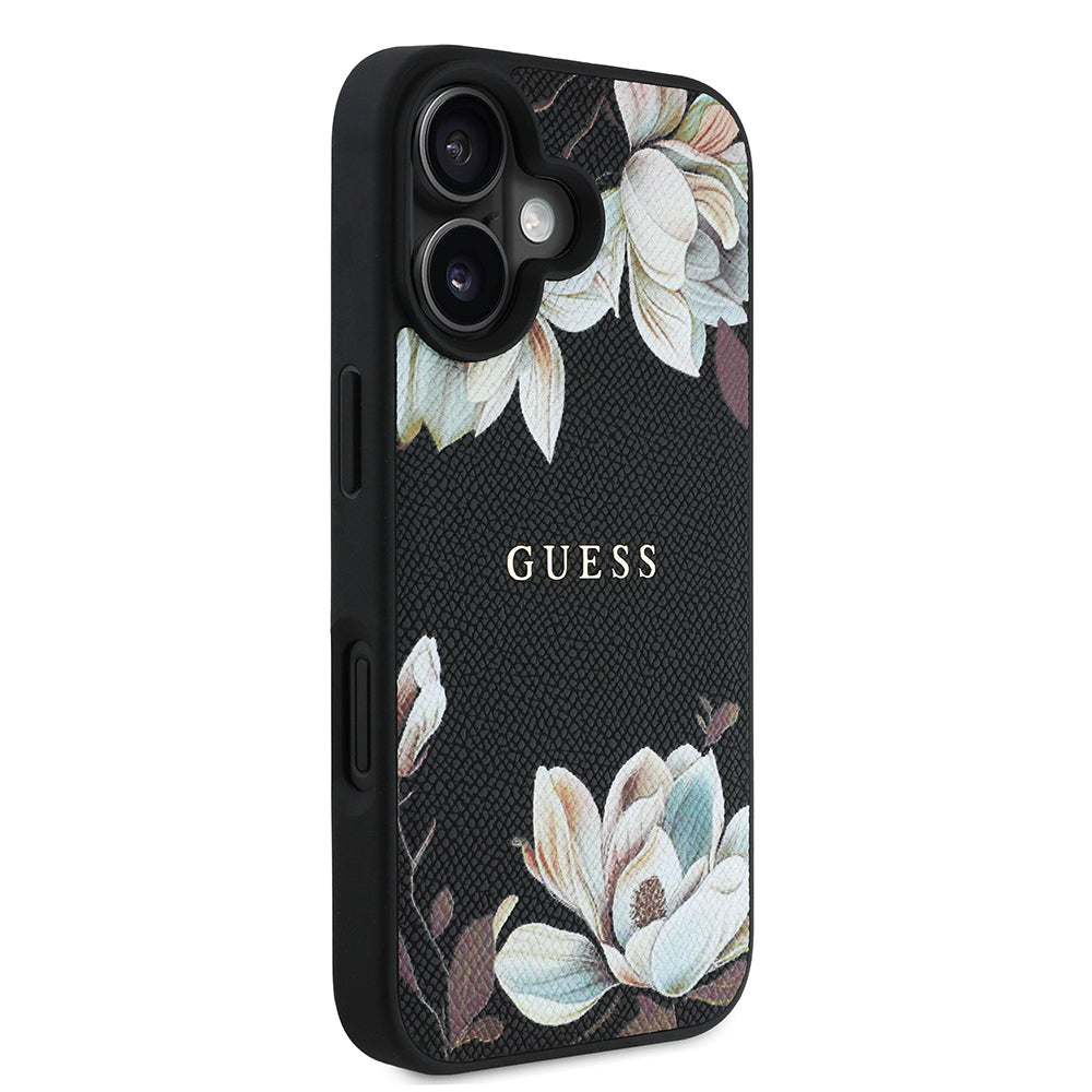 Guess iPhone 16 Orjinal Lisanslı Taneli Çiçek Tasarımlı Metal Yazı Logolu M-safe Kılıf