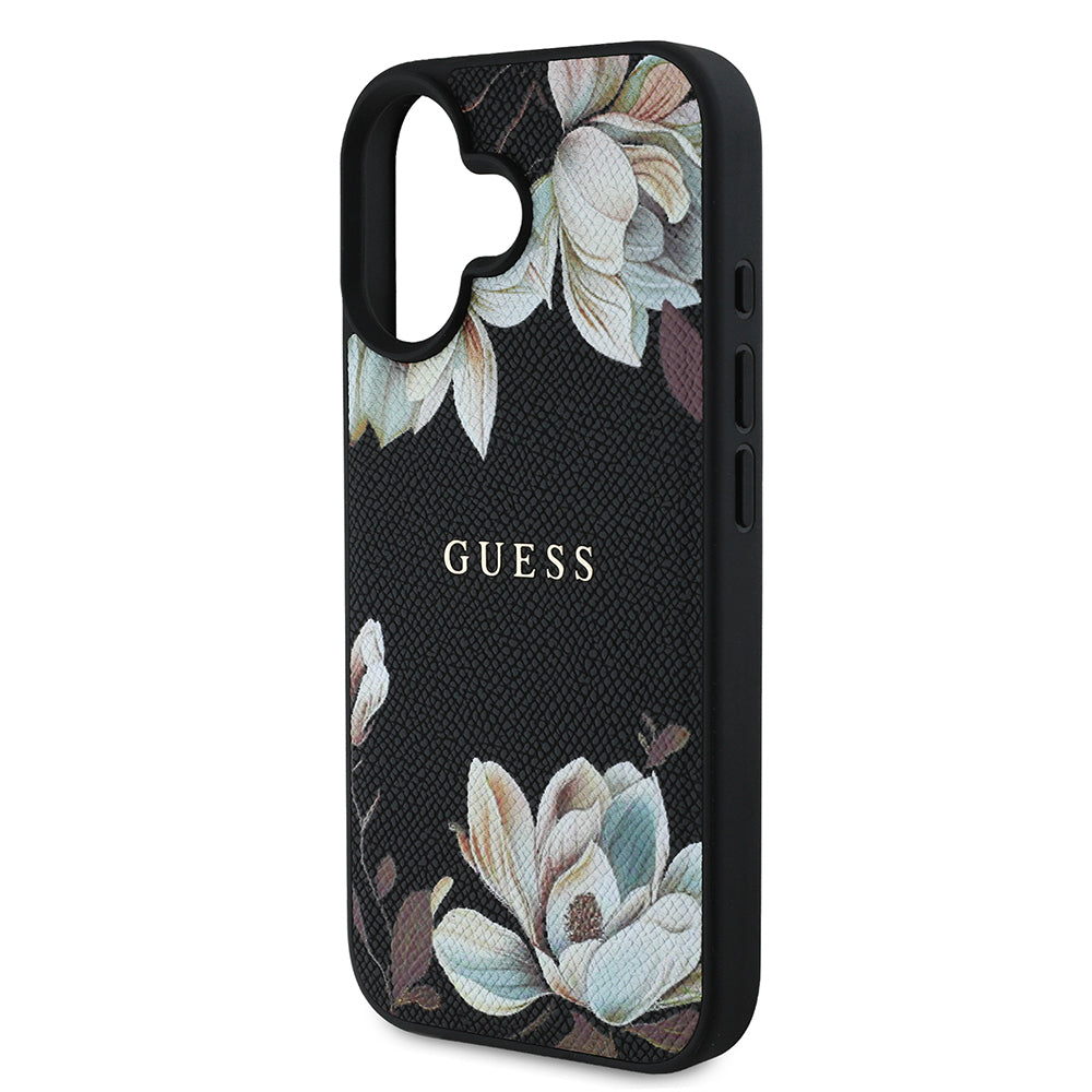 Guess iPhone 16 Orjinal Lisanslı Taneli Çiçek Tasarımlı Metal Yazı Logolu M-safe Kılıf