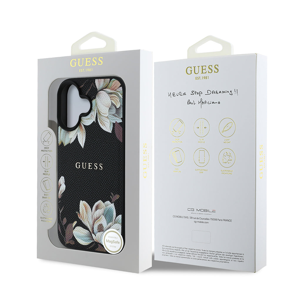 Guess iPhone 16 Orjinal Lisanslı Taneli Çiçek Tasarımlı Metal Yazı Logolu M-safe Kılıf