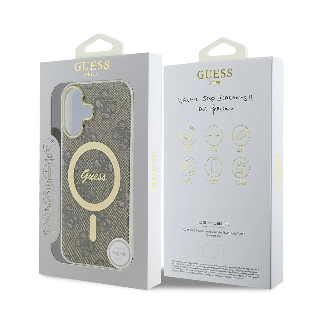 Guess iPhone 16 Orjinal Lisanslı Magsafe Şarj Özellikli Yazı Logolu 4G Desenli Telefon Kılıfı