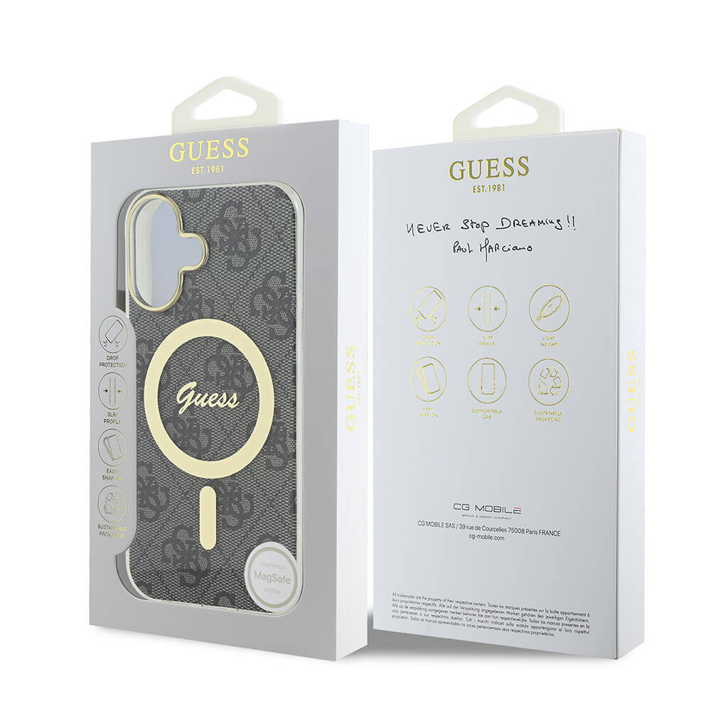 Guess iPhone 16 Orjinal Lisanslı Magsafe Şarj Özellikli Yazı Logolu 4G Desenli Telefon Kılıfı