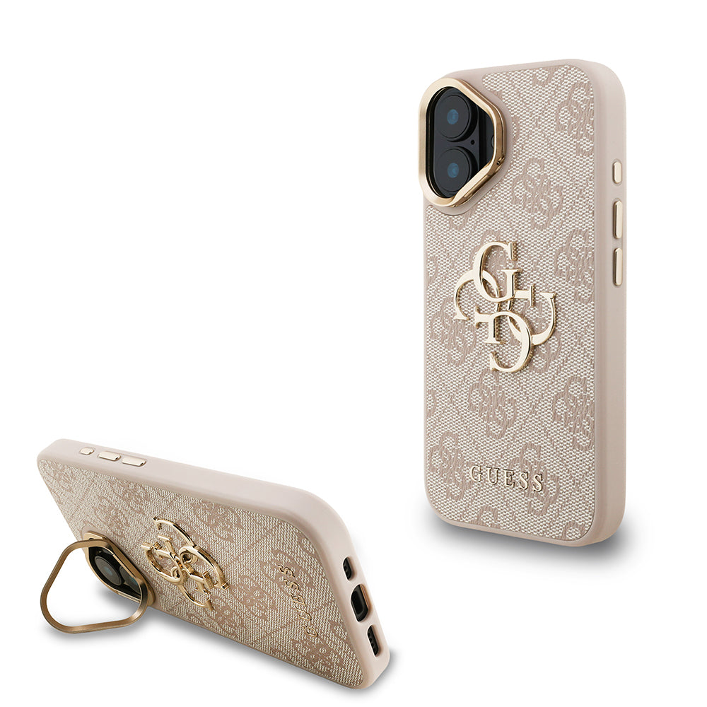 iPhone 16 Kılıf Guess Orjinal Lisanslı PU Deri 4G Desenli Metal Büyük 4G ve Yazı Logolu Kamera Standlı Kılıf