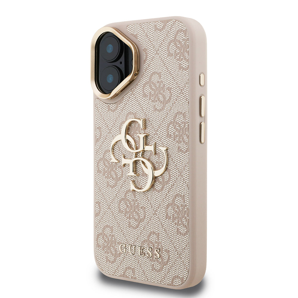 iPhone 16 Kılıf Guess Orjinal Lisanslı PU Deri 4G Desenli Metal Büyük 4G ve Yazı Logolu Kamera Standlı Kılıf