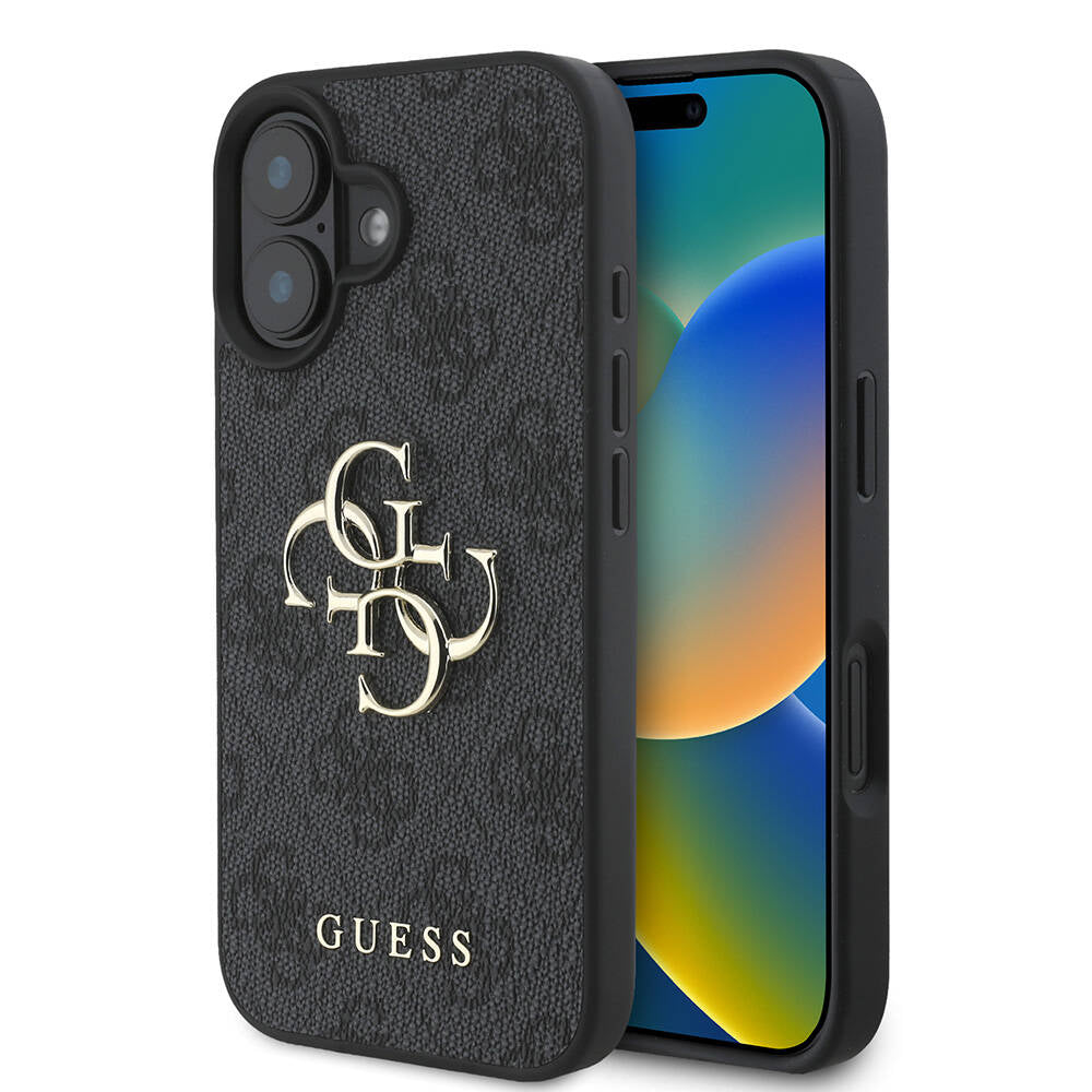 Guess iPhone 16 Orjinal Lisanslı PU Deri 4G Desenli Metal Büyük 4G ve Yazı Logolu Telefon Kılıfı