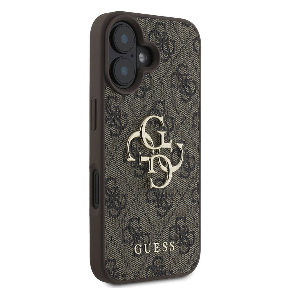 Guess iPhone 16 Orjinal Lisanslı PU Deri 4G Desenli Metal Büyük 4G ve Yazı Logolu Telefon Kılıfı