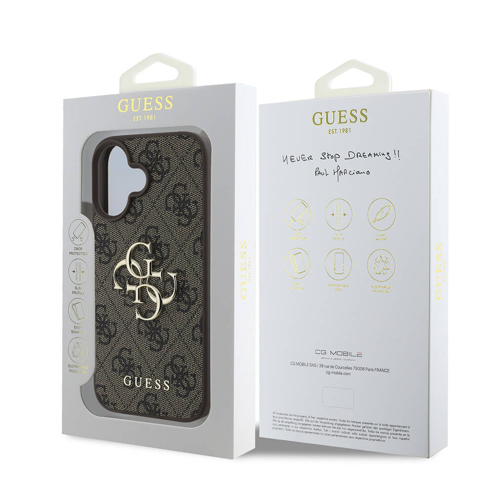 Guess iPhone 16 Orjinal Lisanslı PU Deri 4G Desenli Metal Büyük 4G ve Yazı Logolu Telefon Kılıfı