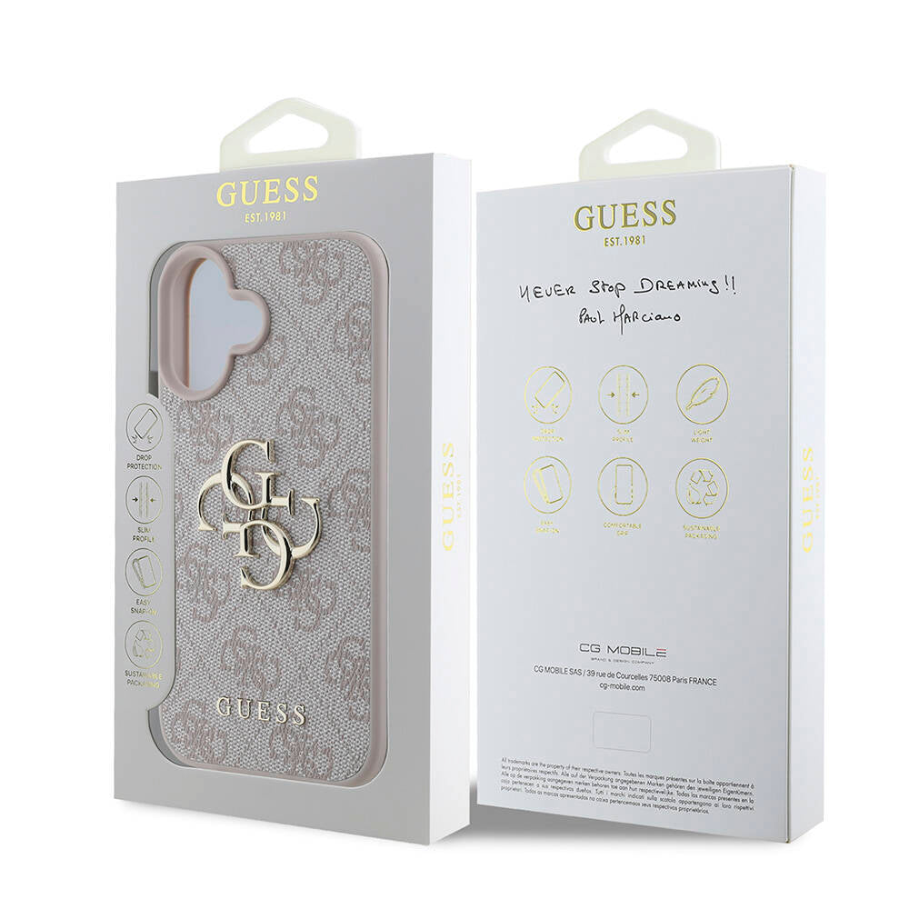 Guess iPhone 16 Orjinal Lisanslı PU Deri 4G Desenli Metal Büyük 4G ve Yazı Logolu Telefon Kılıfı