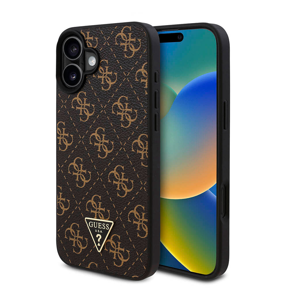 Guess iPhone 16 Orjinal Lisanslı PU Deri 4G Desenli Üçgen Logolu Kılıf