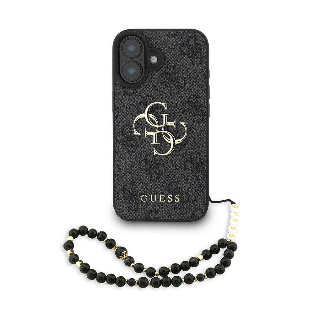 Guess iPhone 16 Orjinal Lisanslı PU Deri Bilek Askı İpli Metal Büyük 4G ve Yazı Logolu Kılıf