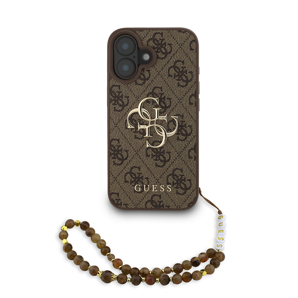 Guess iPhone 16 Orjinal Lisanslı PU Deri Bilek Askı İpli Metal Büyük 4G ve Yazı Logolu Kılıf