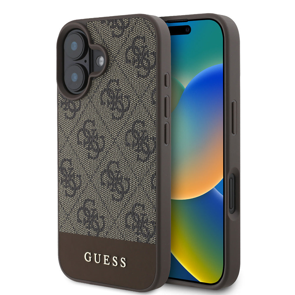 Guess iPhone 16 Orjinal Lisanslı PU Deri Şerit Logo Dizaynlı Telefon Kılıfı