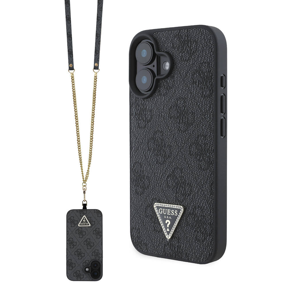 Guess iPhone 16 Orjinal Lisanslı PU Deri Taşlı Metal Üçgen Logolu Çapraz Vücut Askılı 4G Desenli Kılıf