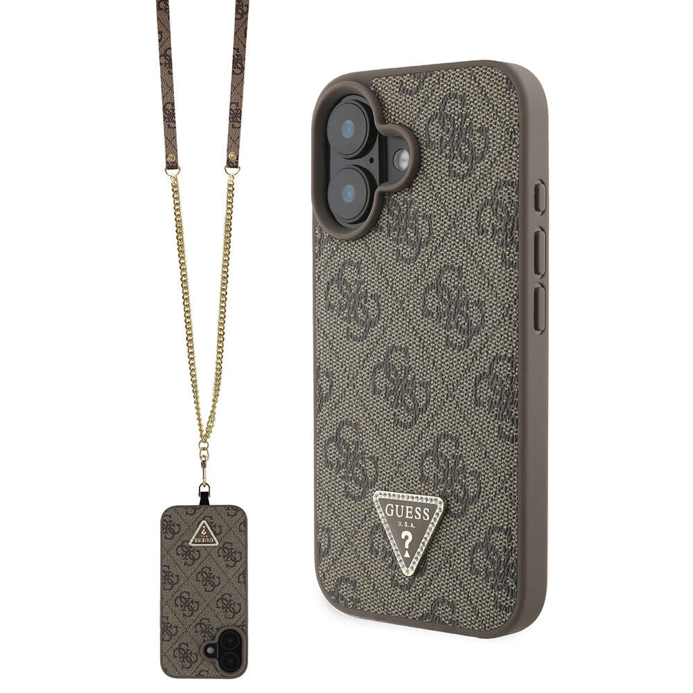 Guess iPhone 16 Orjinal Lisanslı PU Deri Taşlı Metal Üçgen Logolu Çapraz Vücut Askılı 4G Desenli Kılıf
