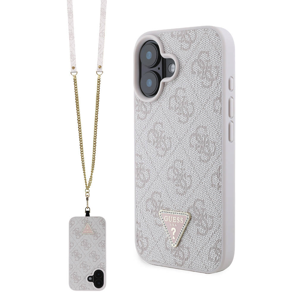 Guess iPhone 16 Orjinal Lisanslı PU Deri Taşlı Metal Üçgen Logolu Çapraz Vücut Askılı 4G Desenli Kılıf