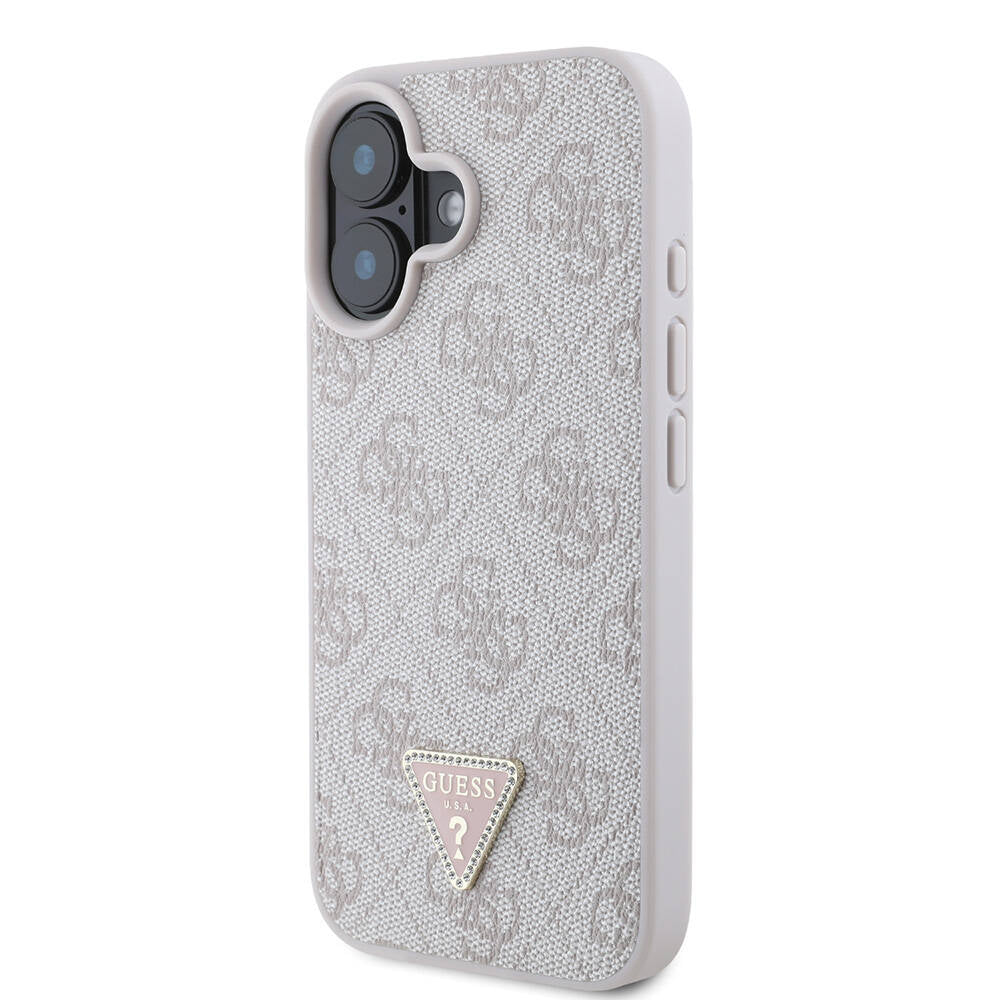 Guess iPhone 16 Orjinal Lisanslı PU Deri Taşlı Metal Üçgen Logolu Çapraz Vücut Askılı 4G Desenli Kılıf