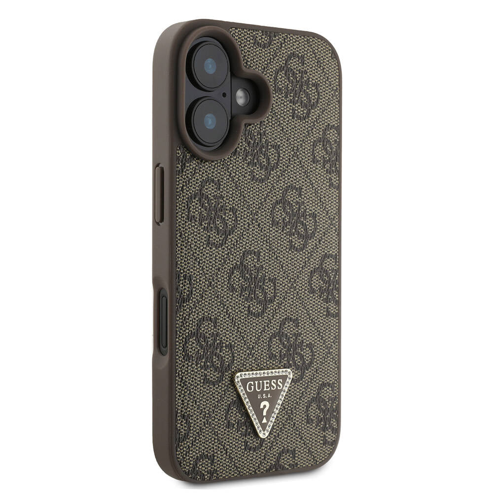 Guess iPhone 16 Orjinal Lisanslı PU Deri Taşlı Metal Üçgen Logolu Çapraz Vücut Askılı 4G Desenli Kılıf