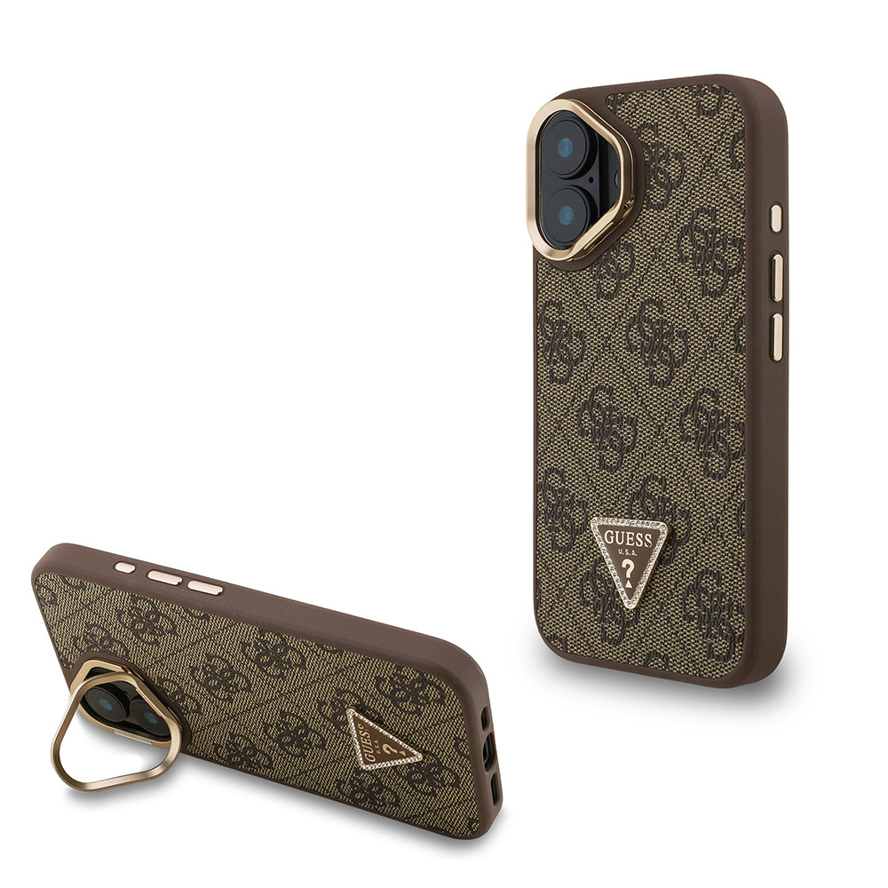 Guess iPhone 16 Orjinal Lisanslı PU Deri Taşlı Üçgen Logo 4G Desenli Kamera Standlı Kılıf