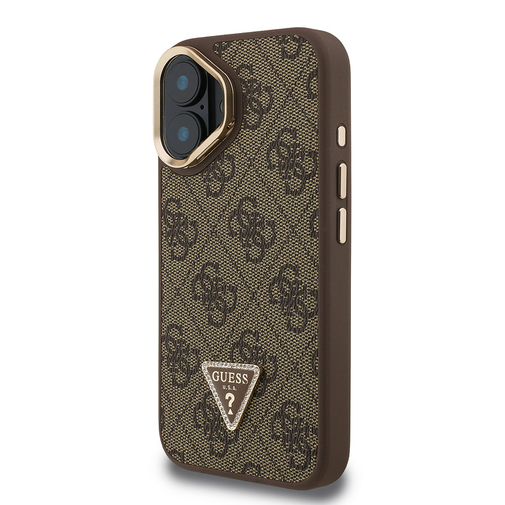 Guess iPhone 16 Orjinal Lisanslı PU Deri Taşlı Üçgen Logo 4G Desenli Kamera Standlı Kılıf