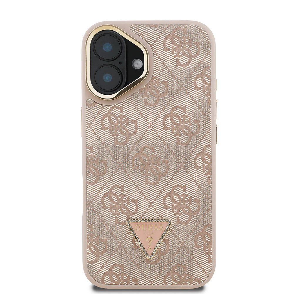 Guess iPhone 16 Orjinal Lisanslı PU Deri Taşlı Üçgen Logo 4G Desenli Kamera Standlı Kılıf