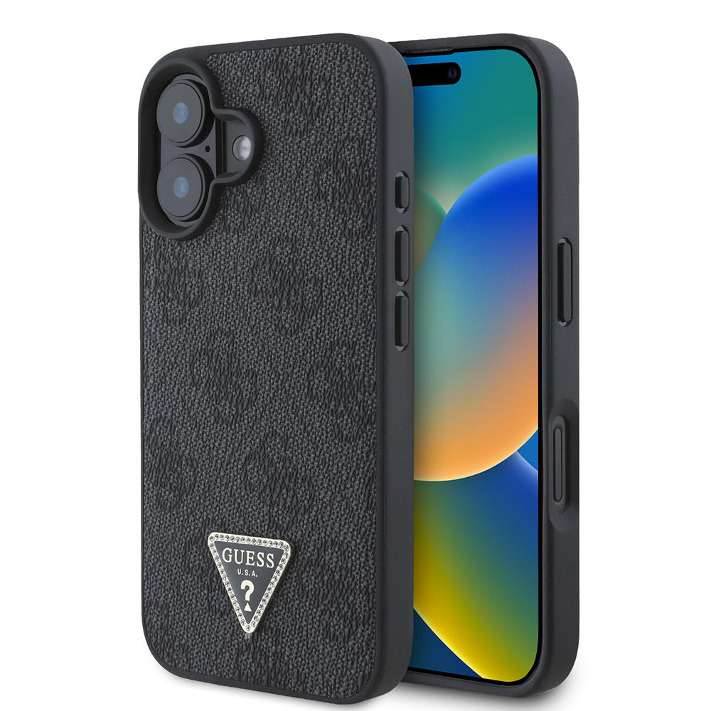 Guess iPhone 16 Orjinal Lisanslı PU Deri Taşlı Üçgen Logo 4G Desenli Strass Kılıf