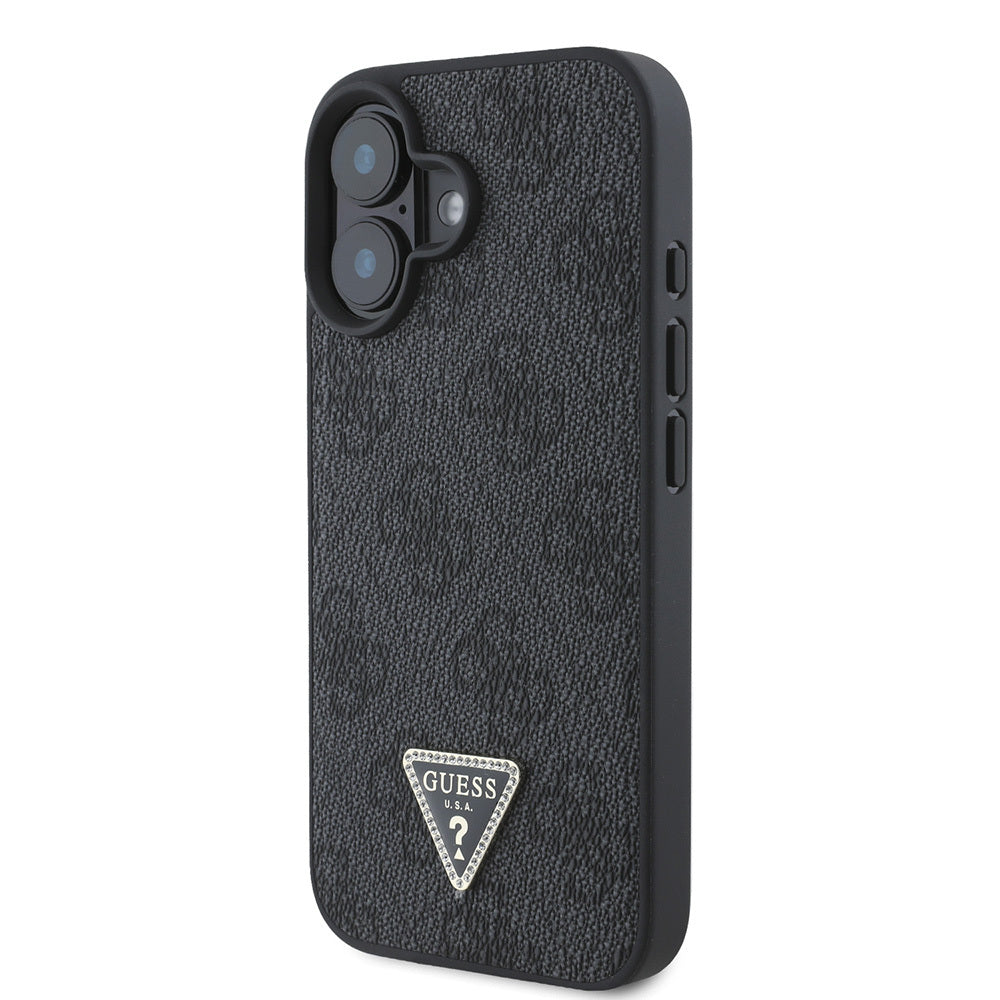 Guess iPhone 16 Orjinal Lisanslı PU Deri Taşlı Üçgen Logo 4G Desenli Strass Kılıf