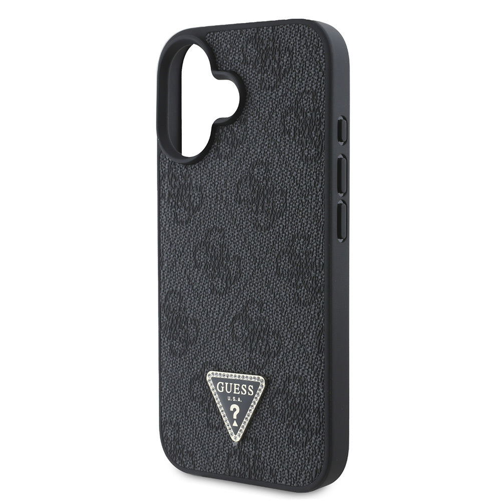 Guess iPhone 16 Orjinal Lisanslı PU Deri Taşlı Üçgen Logo 4G Desenli Strass Kılıf