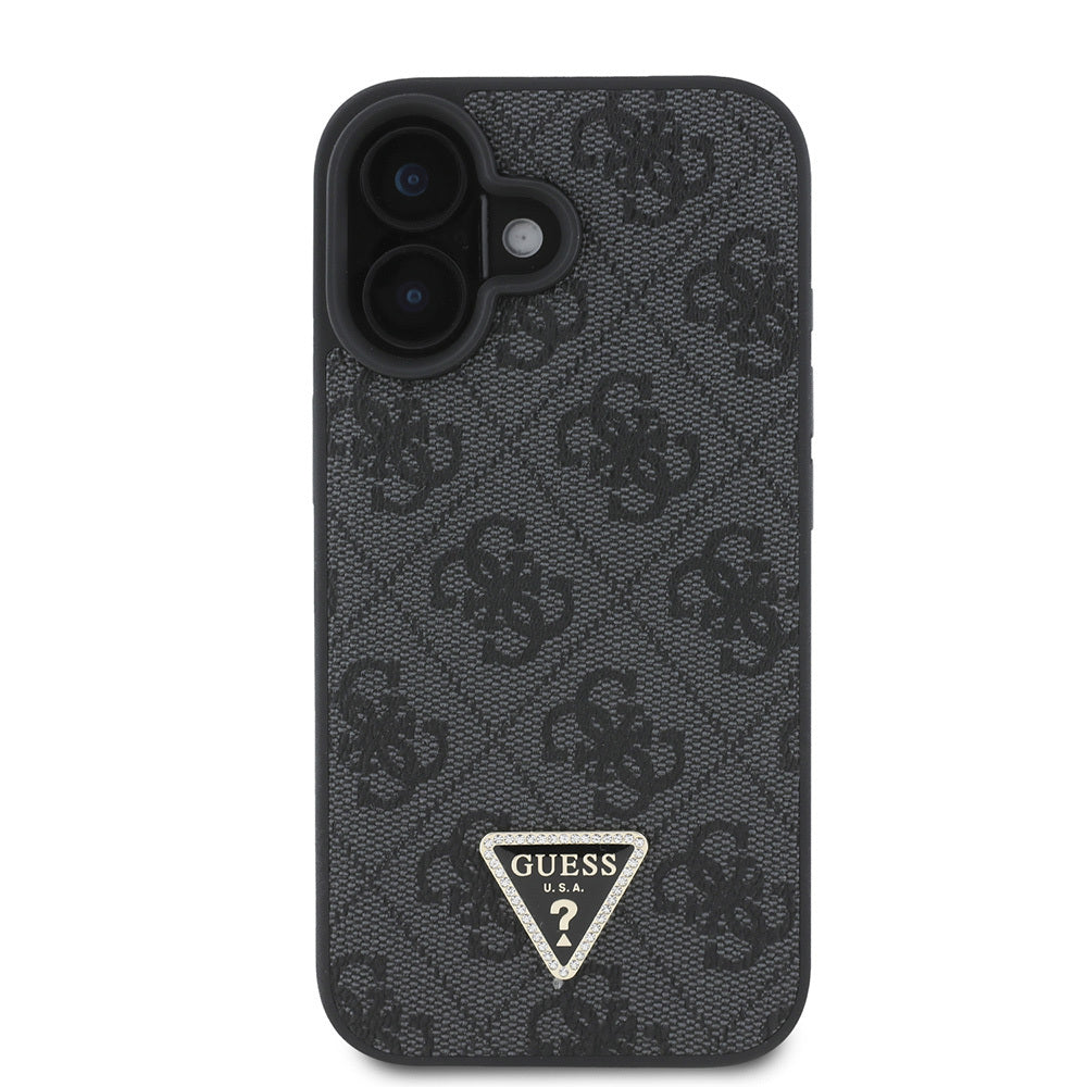 Guess iPhone 16 Orjinal Lisanslı PU Deri Taşlı Üçgen Logo 4G Desenli Strass Kılıf