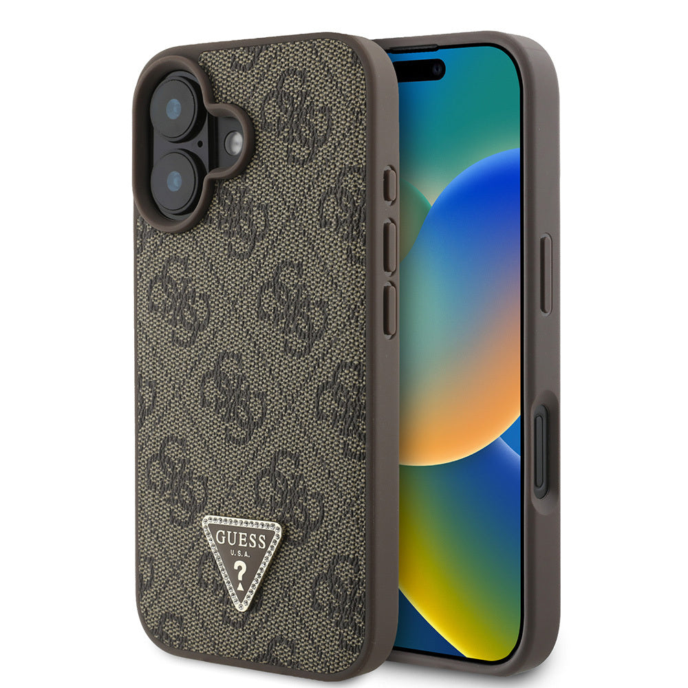 Guess iPhone 16 Orjinal Lisanslı PU Deri Taşlı Üçgen Logo 4G Desenli Strass Kılıf
