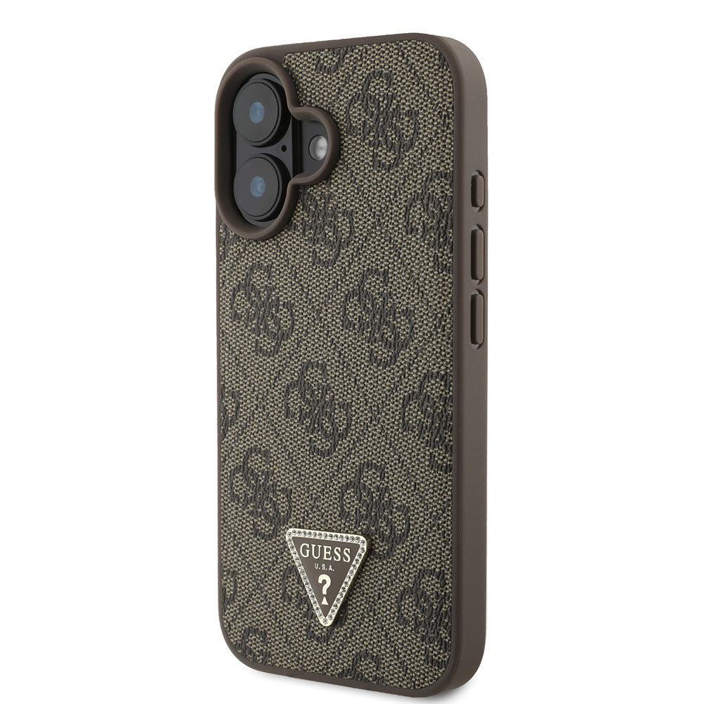 Guess iPhone 16 Orjinal Lisanslı PU Deri Taşlı Üçgen Logo 4G Desenli Strass Kılıf