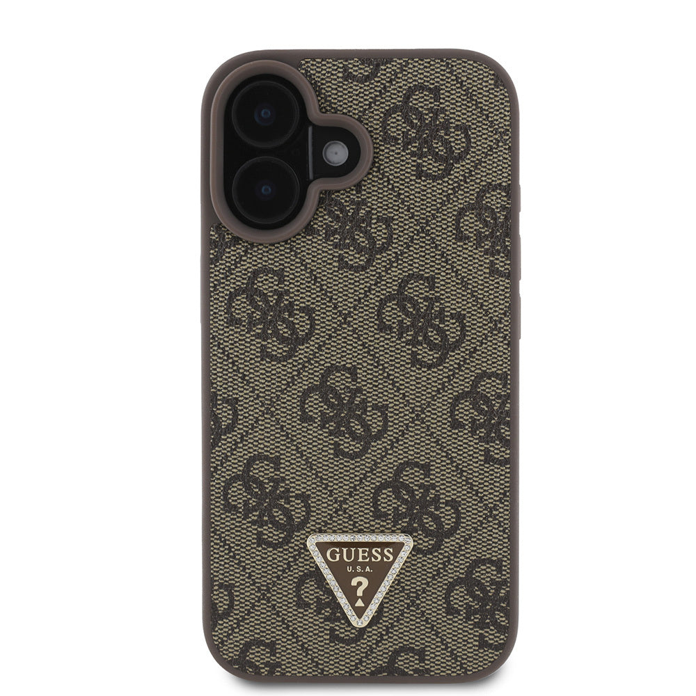 Guess iPhone 16 Orjinal Lisanslı PU Deri Taşlı Üçgen Logo 4G Desenli Strass Kılıf