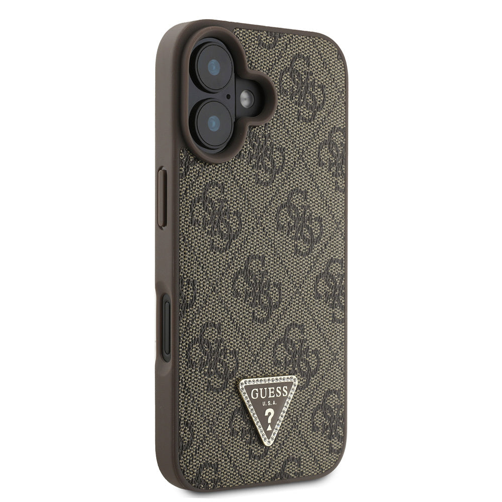 Guess iPhone 16 Orjinal Lisanslı PU Deri Taşlı Üçgen Logo 4G Desenli Strass Kılıf