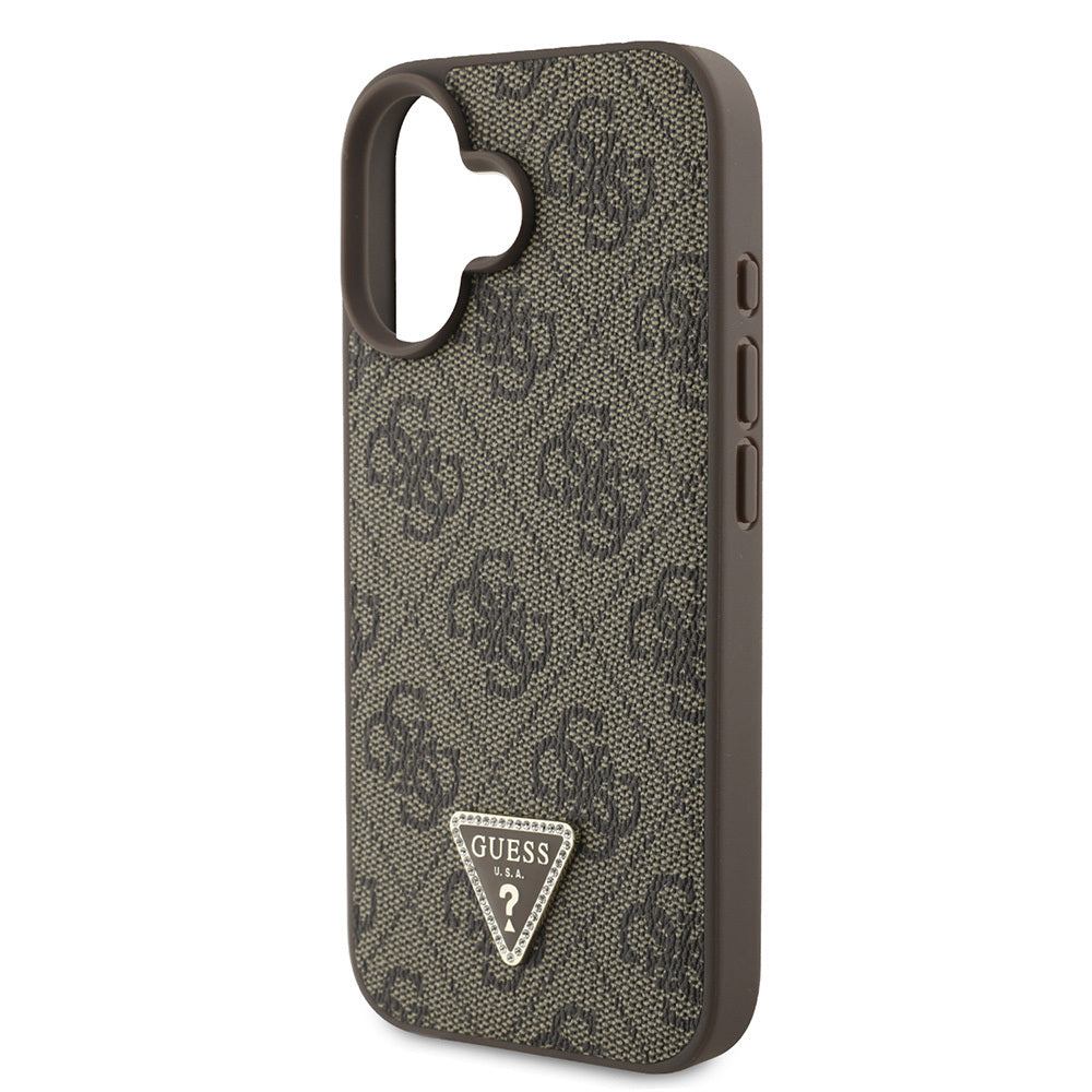 Guess iPhone 16 Orjinal Lisanslı PU Deri Taşlı Üçgen Logo 4G Desenli Strass Kılıf