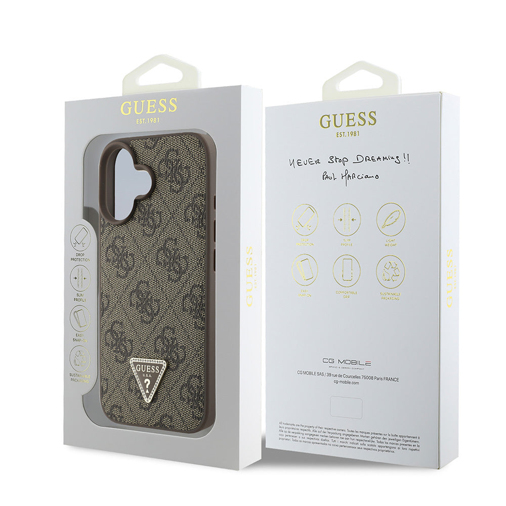 Guess iPhone 16 Orjinal Lisanslı PU Deri Taşlı Üçgen Logo 4G Desenli Strass Kılıf