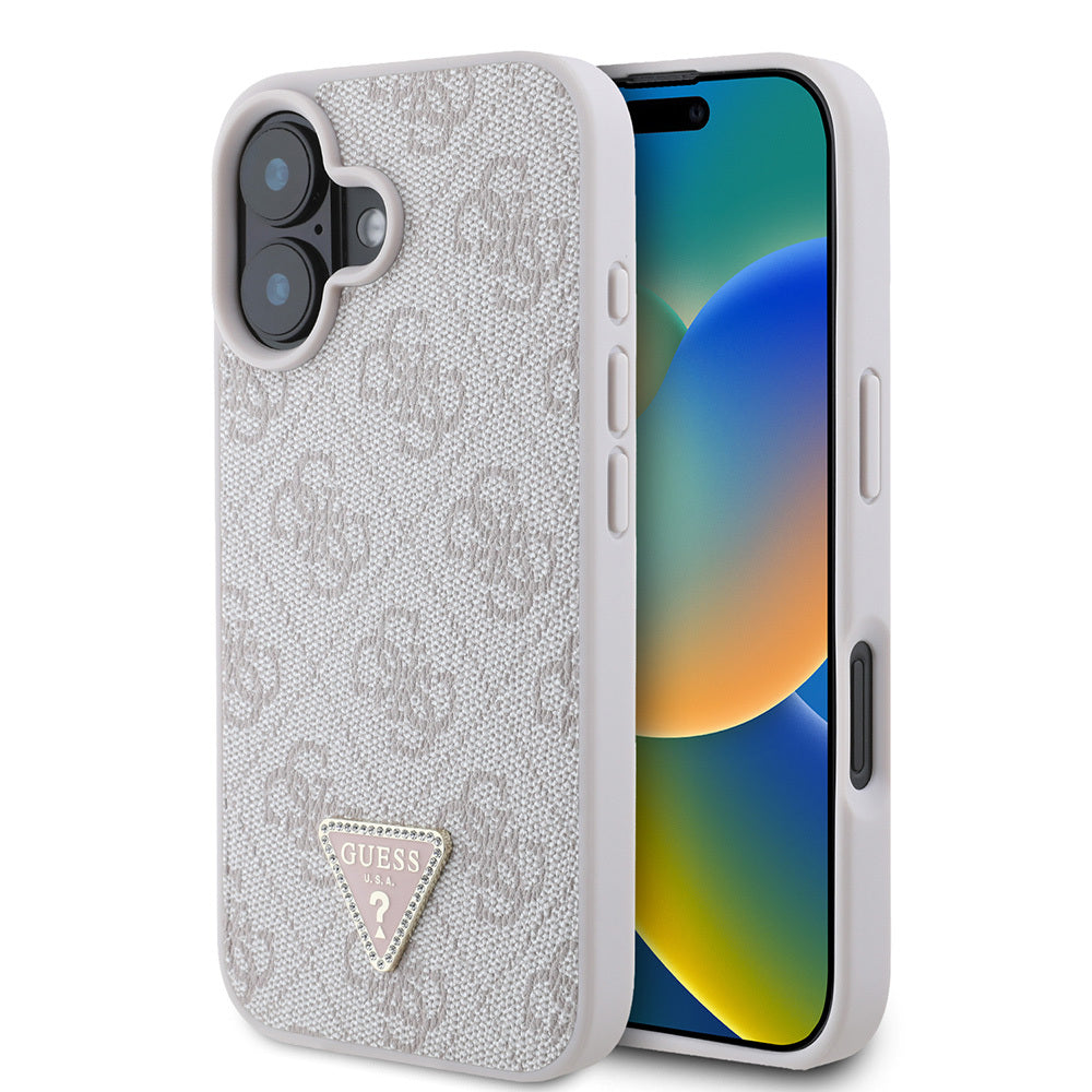Guess iPhone 16 Orjinal Lisanslı PU Deri Taşlı Üçgen Logo 4G Desenli Strass Kılıf